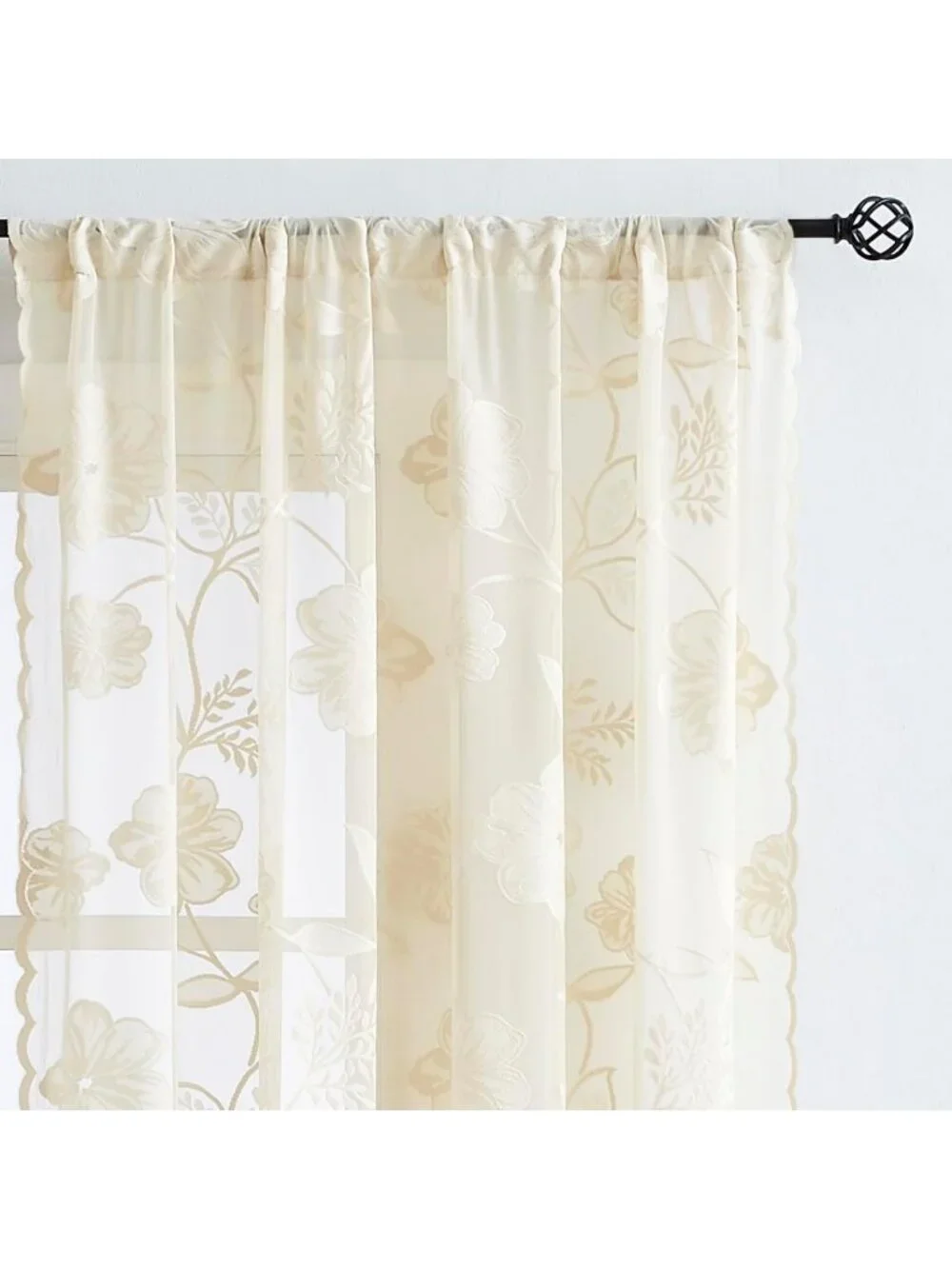 Elegant Sheer Lace Curtains, Beige Scalloped Design, 84